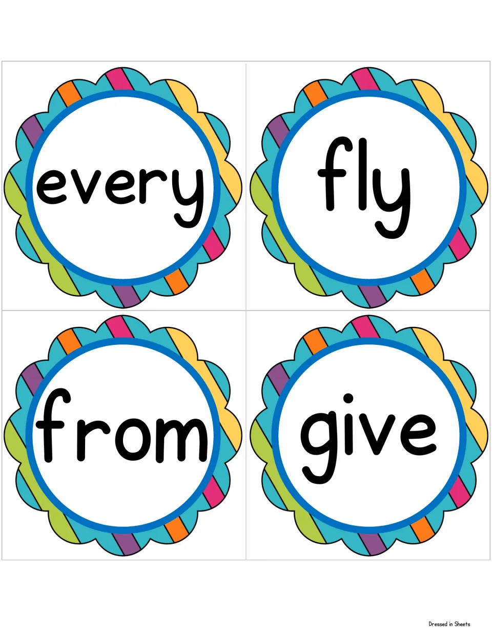 Cut-out sight word cards showing every, fly, from and give in large letters for whole-word recognition practice