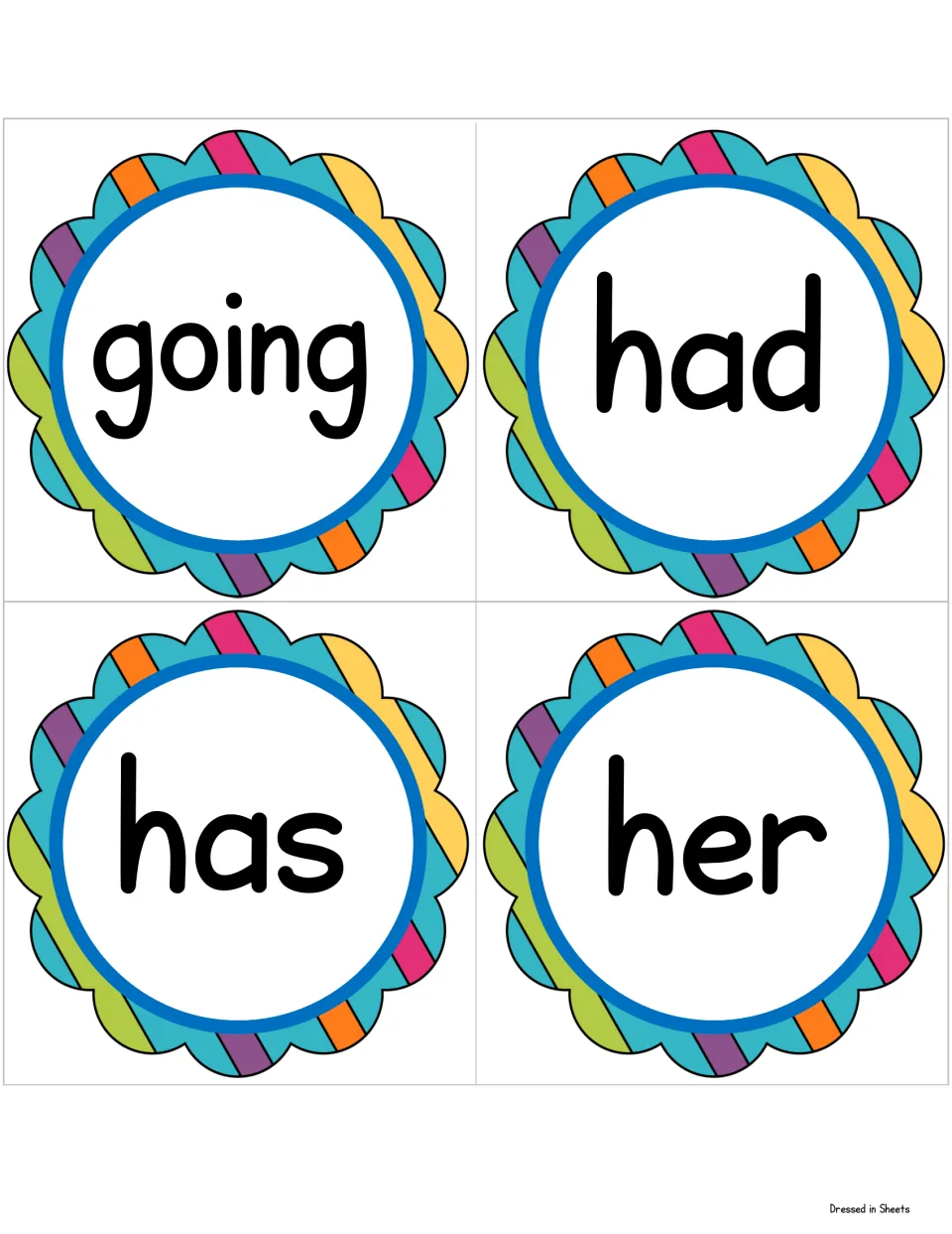 High-frequency word cards for going, had, has and her, ready to cut out and display for daily sight reading