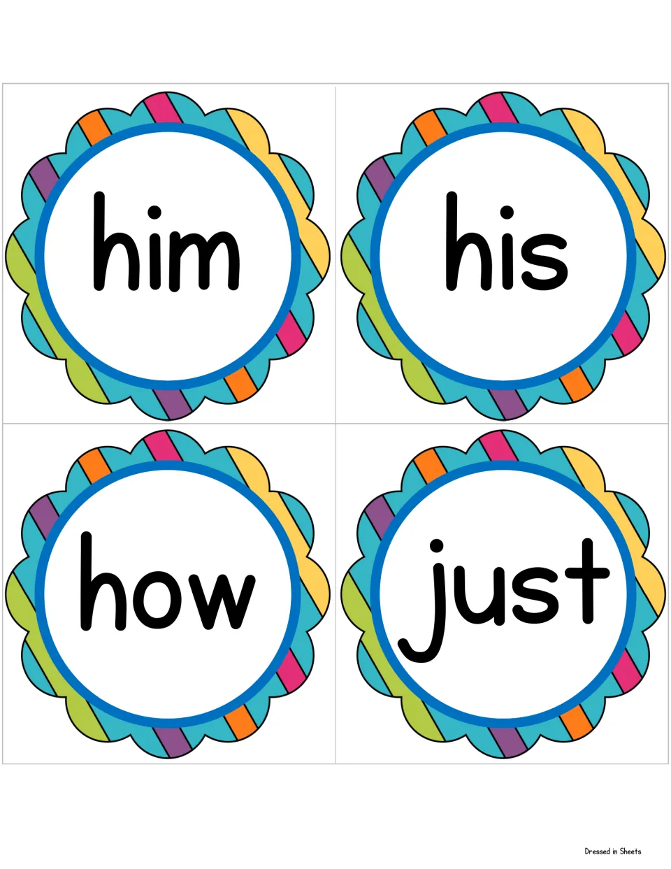 Flower-framed cards for him, his, how and just, four sight words for students to read from the classroom wall