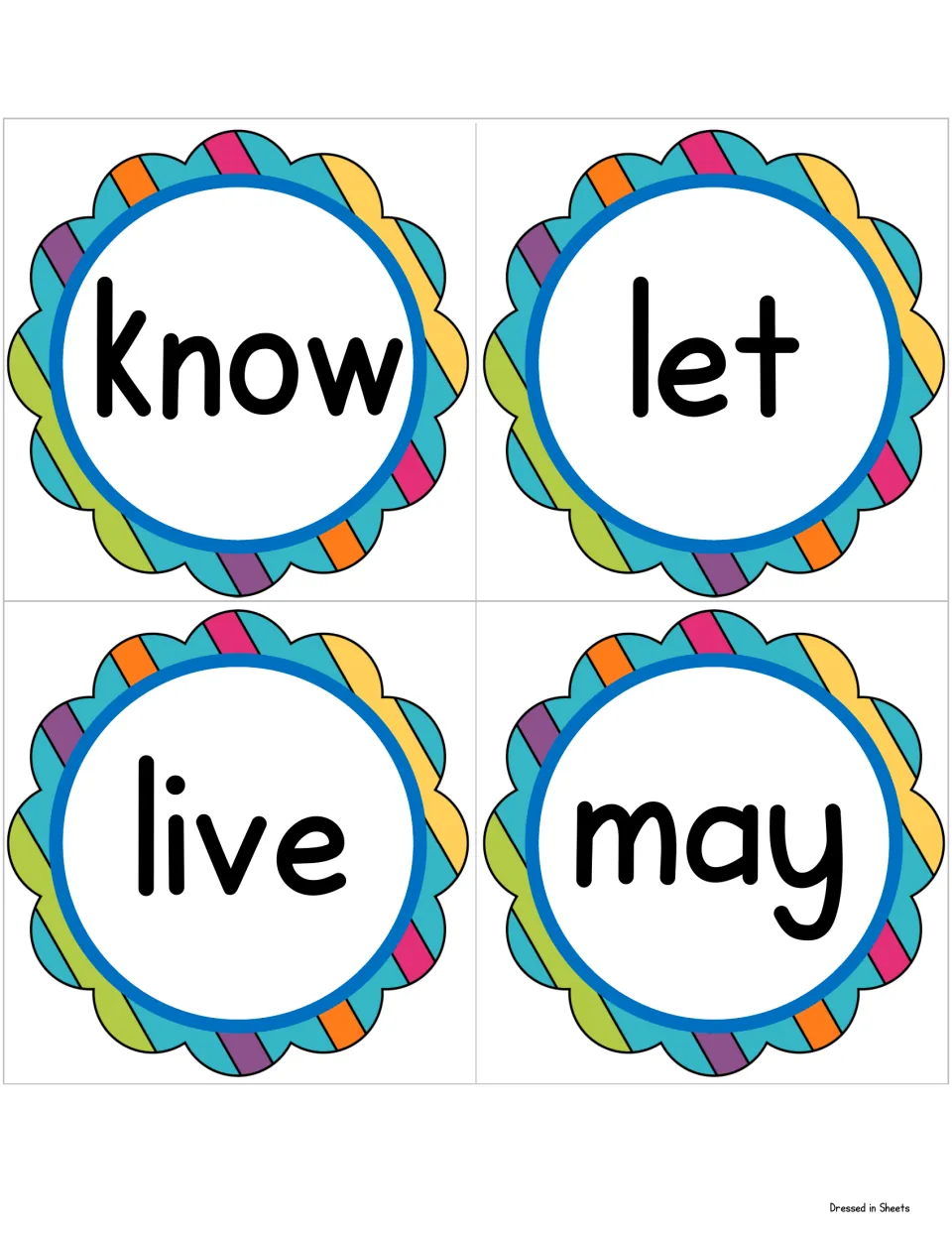Sight word circles for know, let, live and may, printed large for students to spot and read aloud from across the room