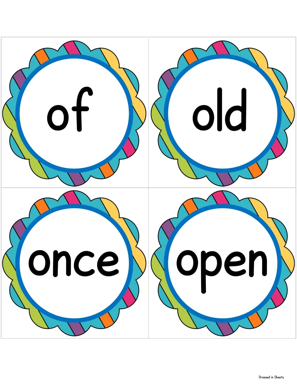 Word cards for of, old, once and open, four first-grade sight words in bold letters inside striped scalloped frames