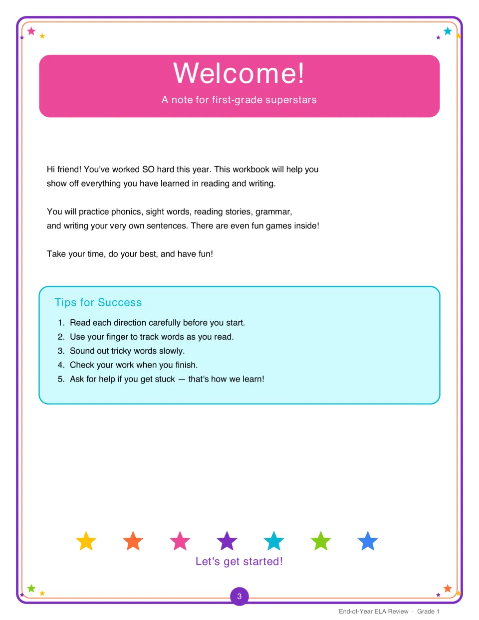 Welcome note to students about reviewing reading and writing, followed by five tips such as tracking words with a finger
