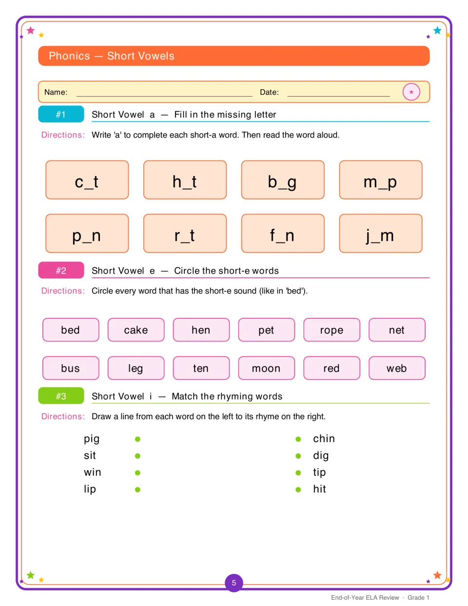 Short vowels practice: students fill in a for words like c_t, circle short-e words, and match short-i rhyming words
