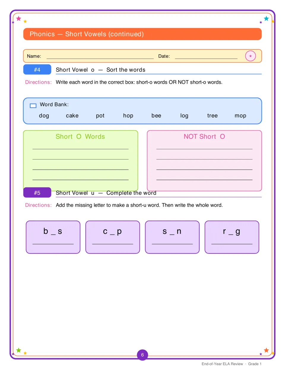 Short o and u review: students sort word-bank words into short-o or not, then fill in u to finish b_s, c_p, s_n and r_g