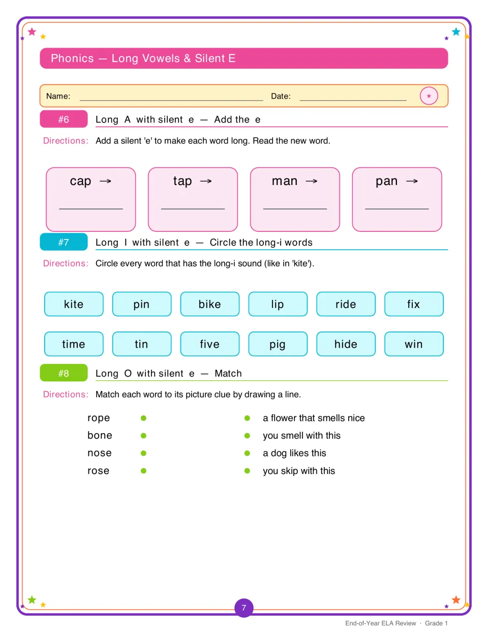 Silent e long vowels: students add e to cap, tap, man and pan, circle long-i words, and match long-o words to clues