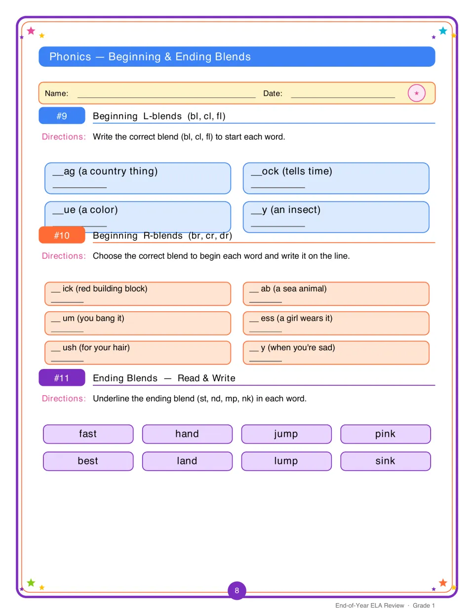 Consonant blends: students write bl, cl or fl and br, cr or dr to start words from clues, then underline ending blends