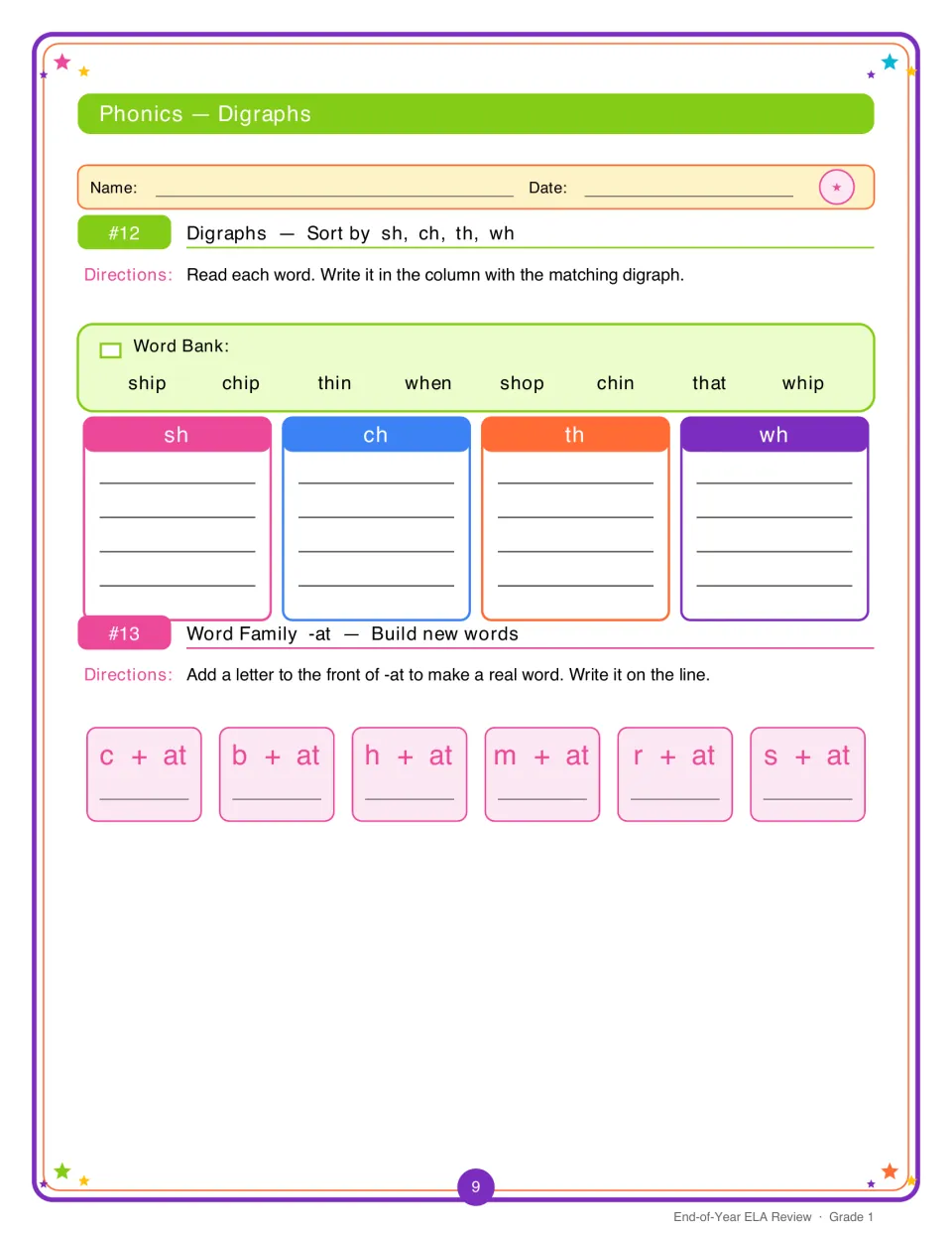 Digraphs and -at family: students sort word-bank words under sh, ch, th and wh, then add c, b, h, m, r or s to -at