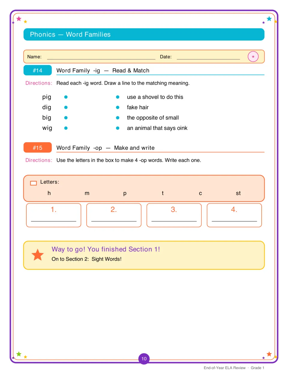 Word families -ig and -op: students match pig, dig, big and wig to meanings, then build four -op words from given letters
