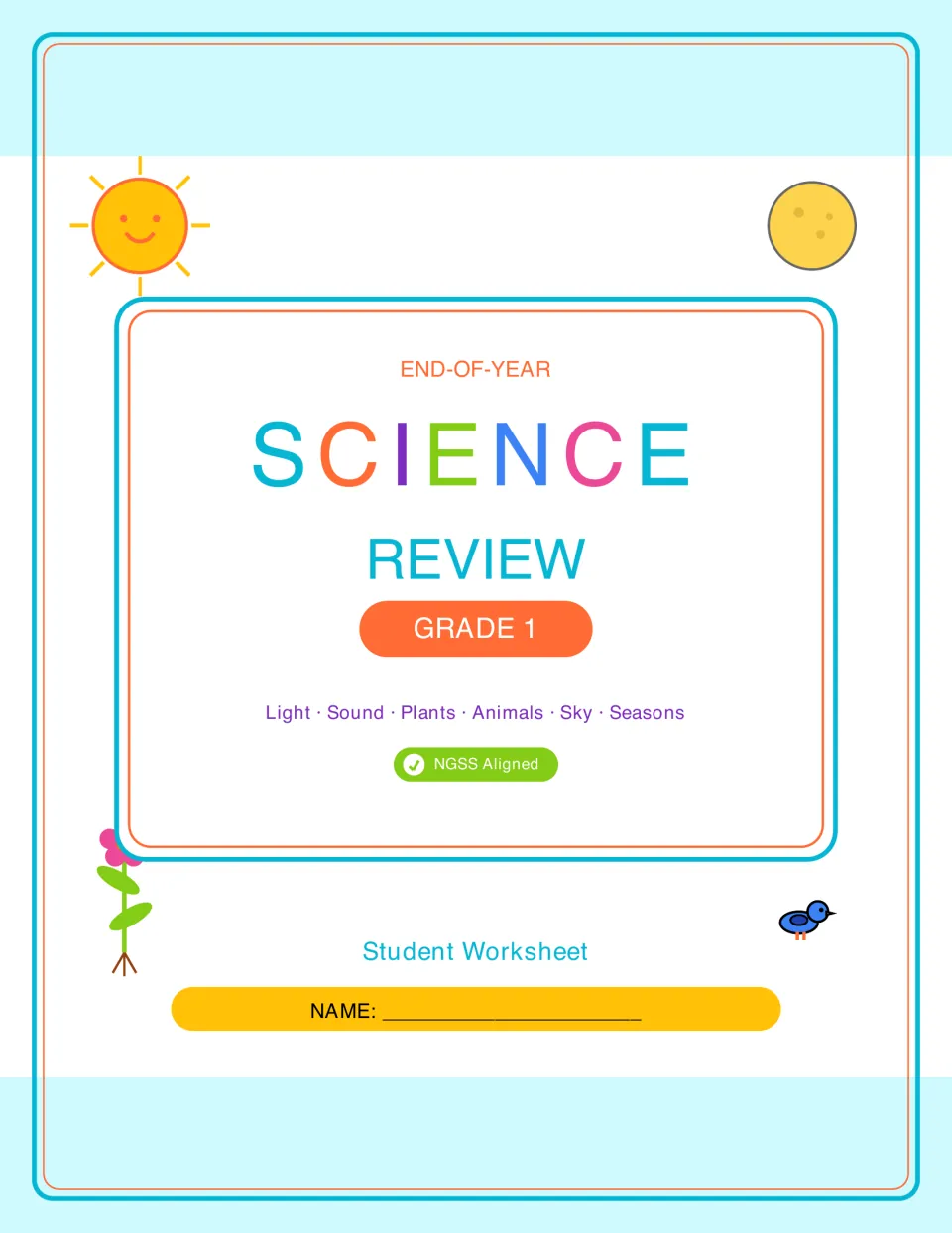 End-of-Year Science Review Grade 1 student worksheet cover listing light, sound, plants, animals, sky and seasons topics