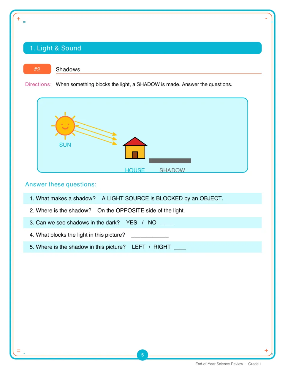 Shadows: a sun, house and shadow diagram with five questions on what makes a shadow and which side it falls on