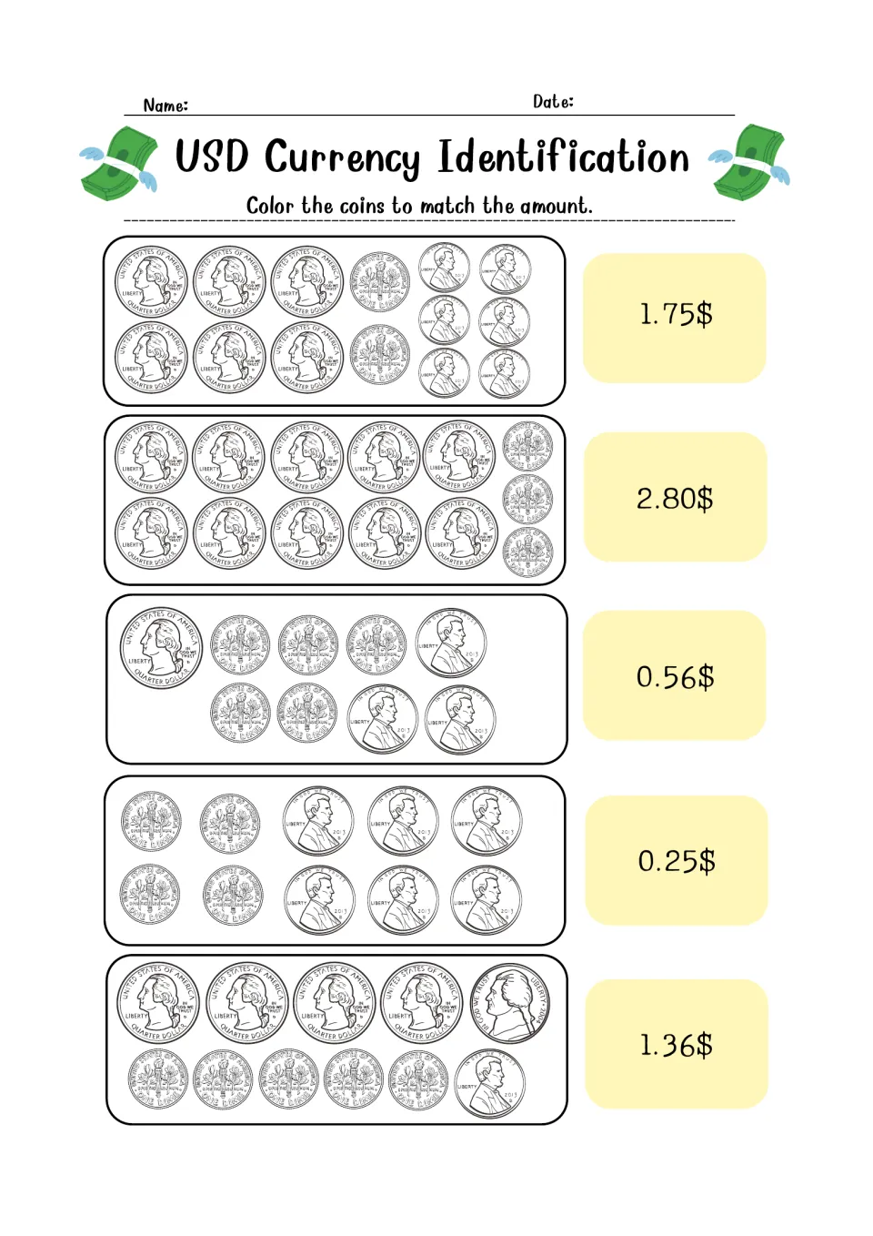 USD coin counting: students color quarters, dimes and pennies to make $1.75, $2.80, $0.56, $0.25 and $1.36