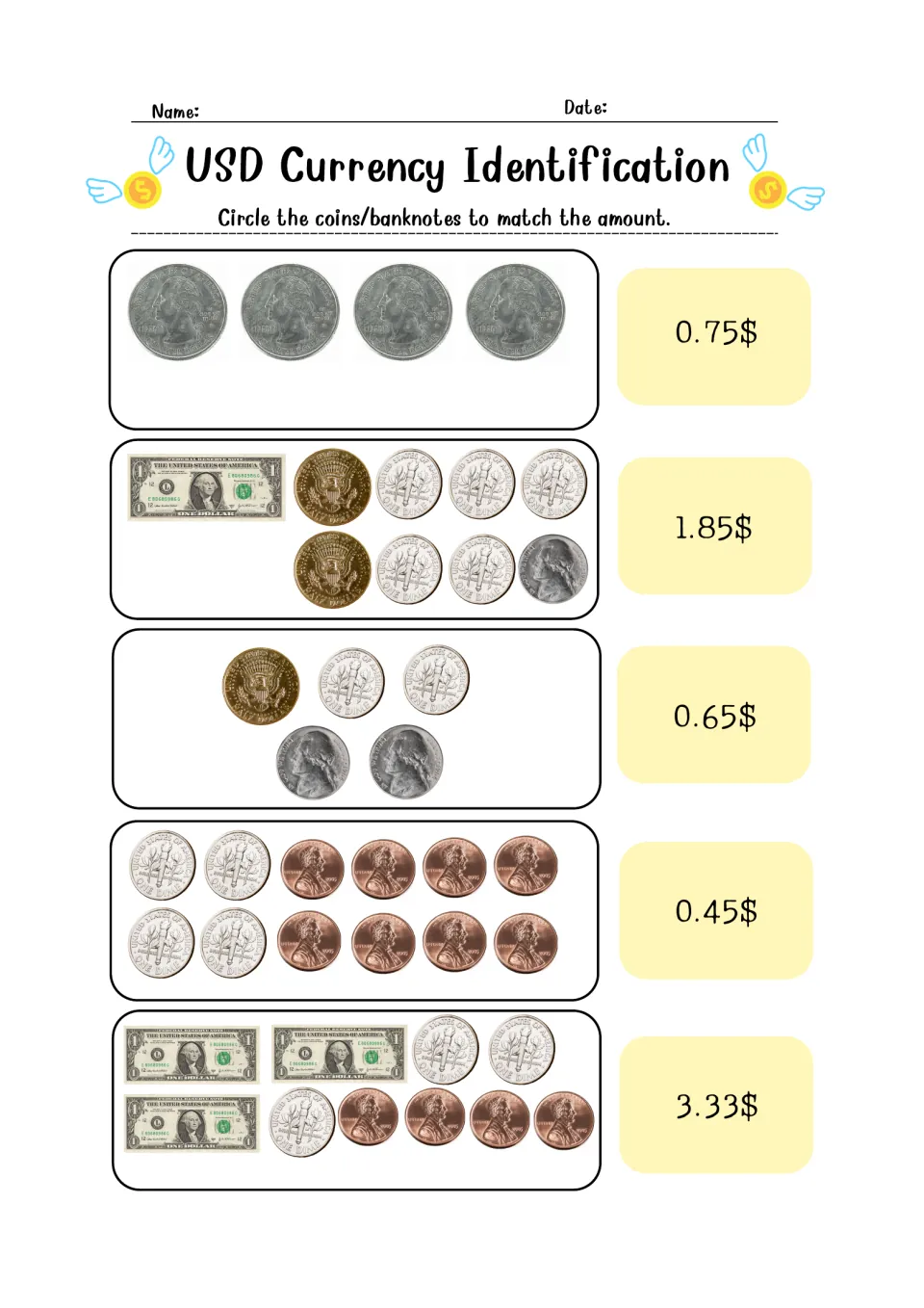 US money amounts: students circle coins and dollar bills that make $0.75, $1.85, $0.65, $0.45 and $3.33