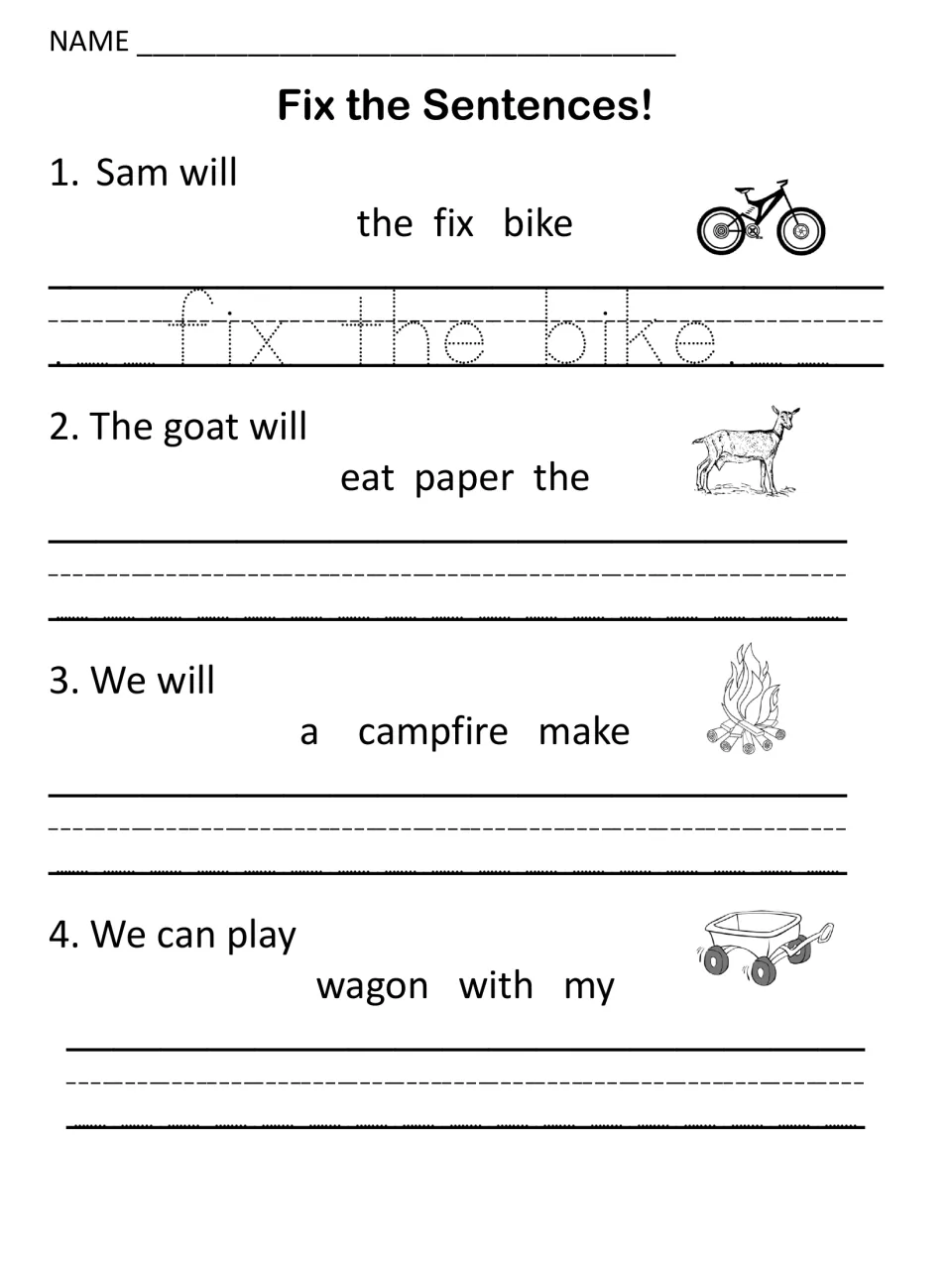 Sentence unscrambling about a bike, a goat eating paper, a campfire and a wagon; the first answer is traced as a model