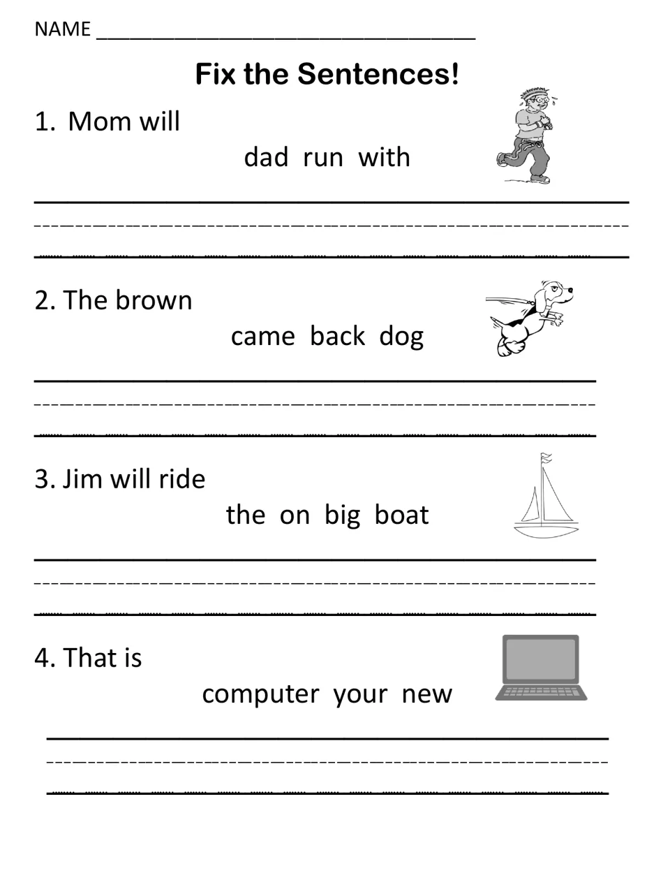 Word order practice: students rewrite scrambled endings about Mom running, a brown dog, a big boat and a new computer