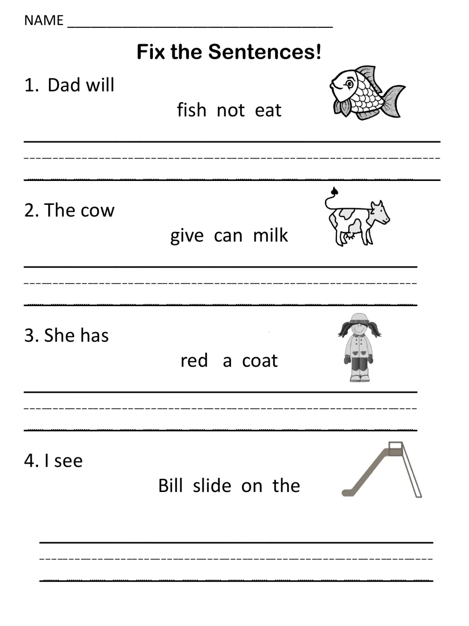 Unscrambling sentence endings about Dad and a fish, a cow giving milk, a red coat and Bill on a slide, with picture clues