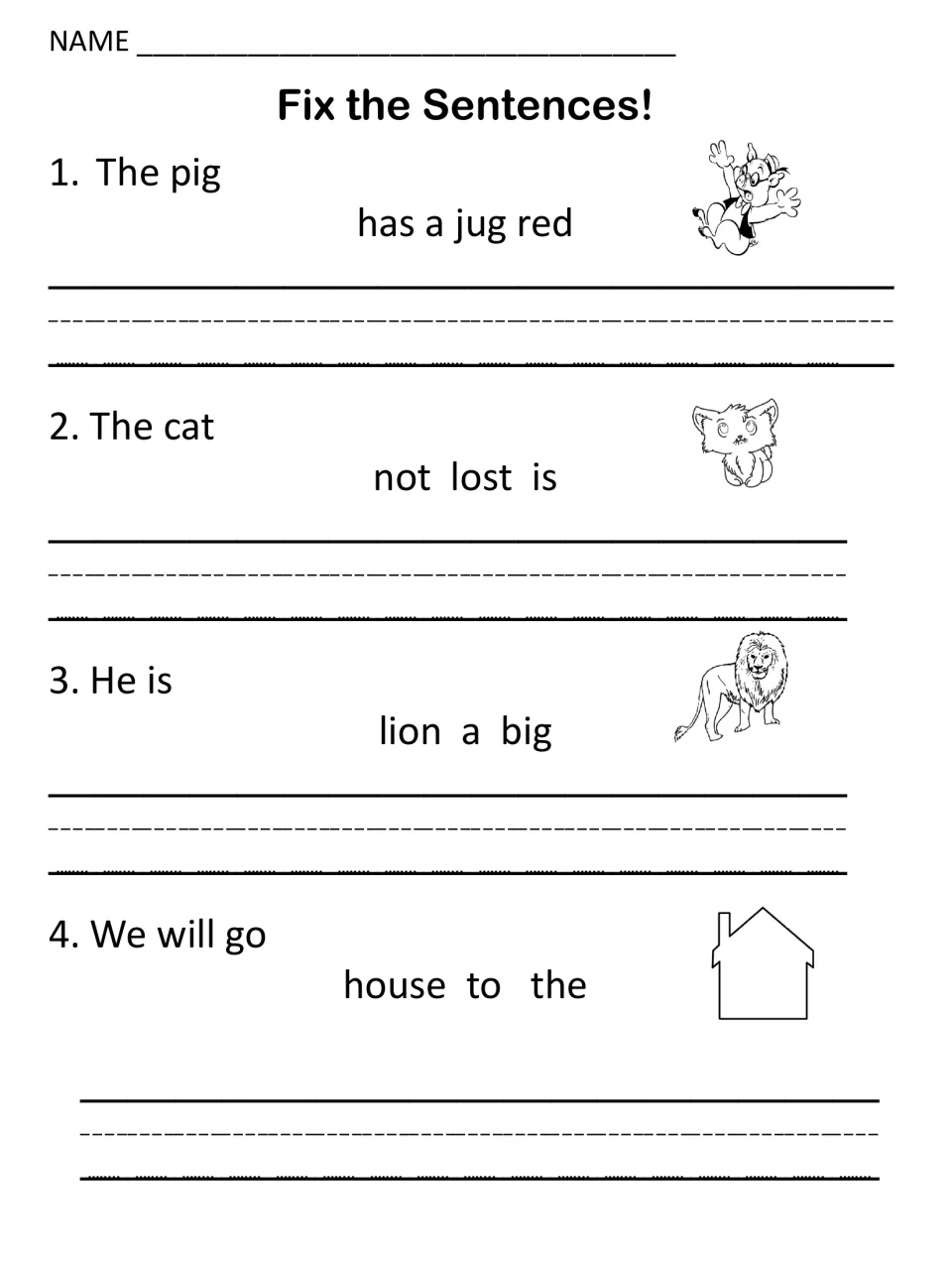 Sentence building: students reorder words about a pig with a red jug, a lost cat, a big lion and going to the house