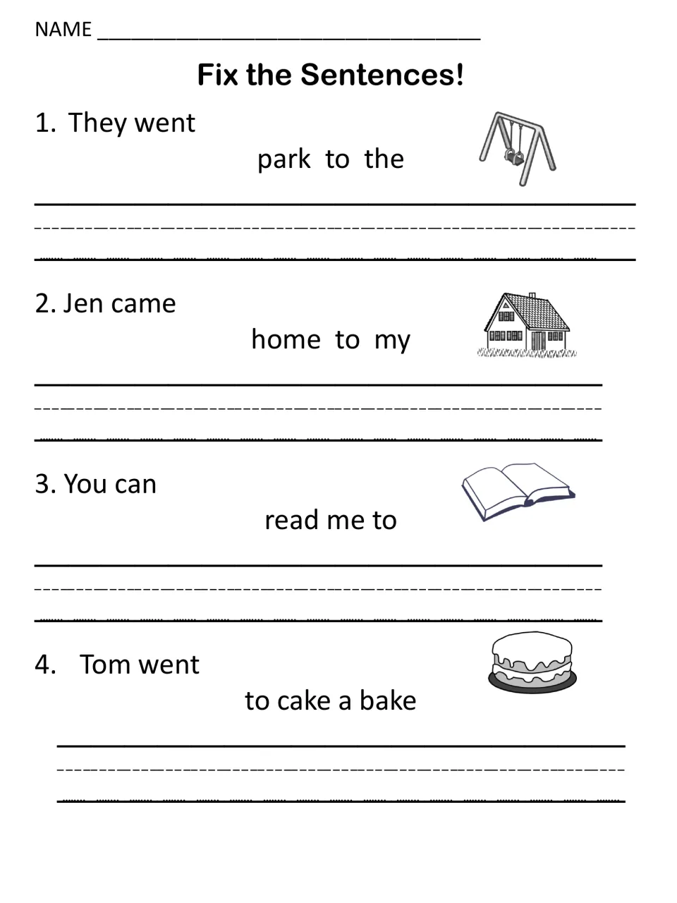 Word order: students unscramble endings about going to the park, coming home, reading to me and baking a cake