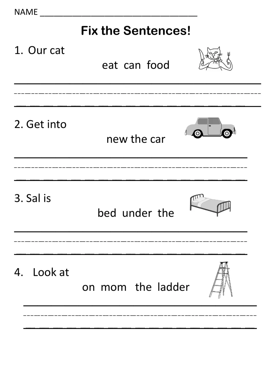 Rewriting mixed-up sentences about a cat eating food, a new car, Sal under the bed and Mom on the ladder, with pictures