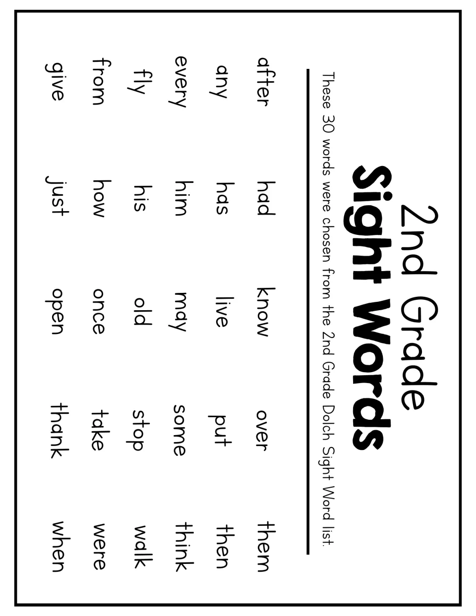 2nd Grade Sight Words list: 30 Dolch words such as after, every, from, know, once, thank and when