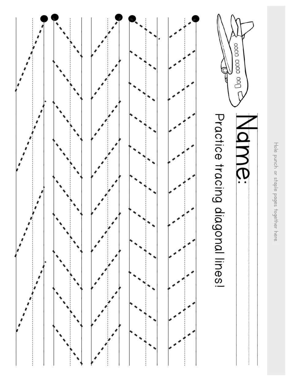 Pre-writing strokes: students trace dotted diagonal lines from each start dot, with an airplane picture by the name