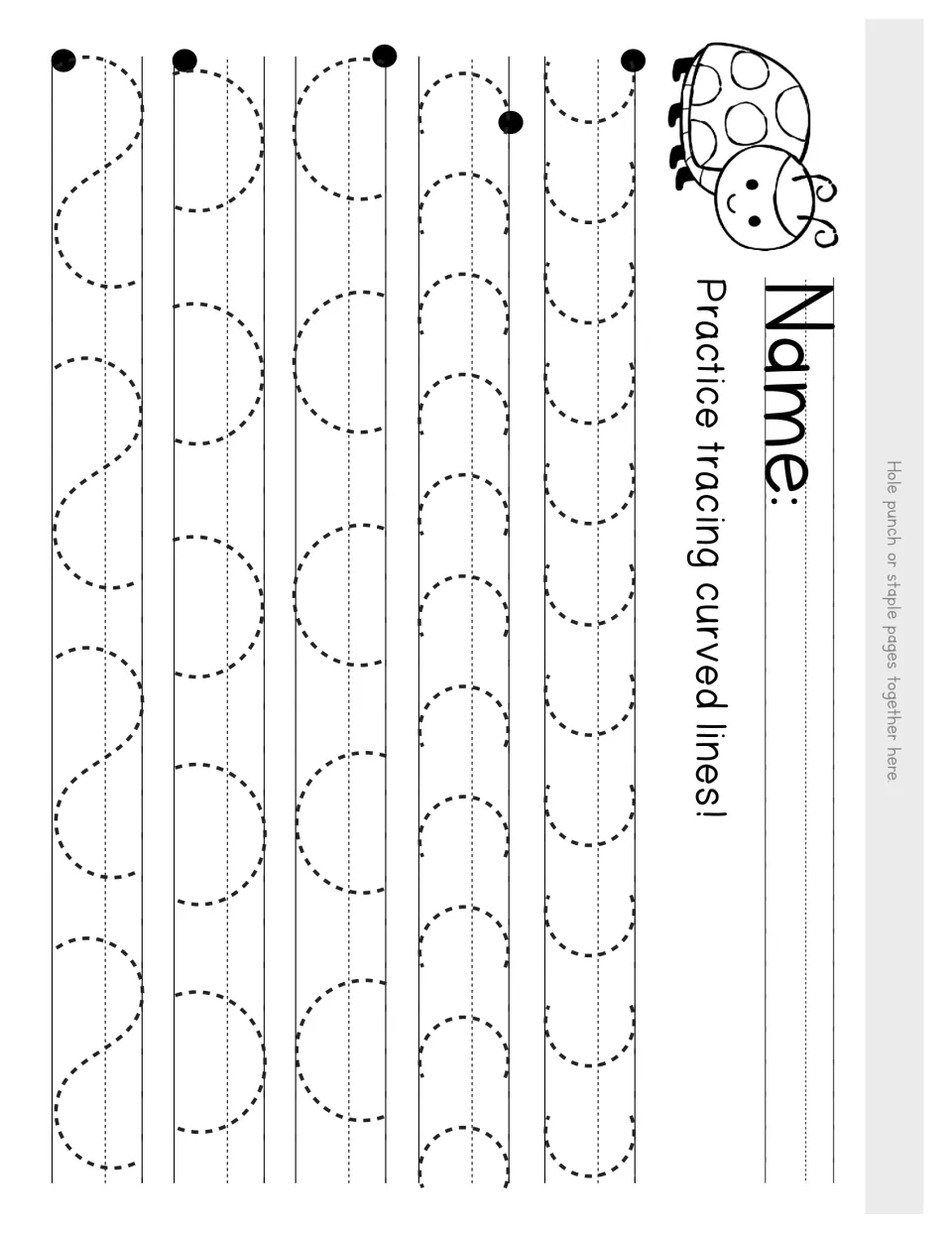Curved strokes: students trace dotted arcs, circles and S-curves from start dots, with a ladybug picture by the name line