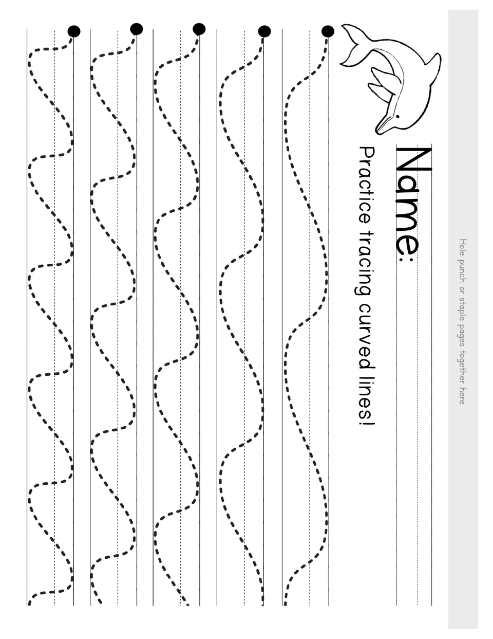 Wavy curves: students trace five dotted wave lines from each start dot, with a dolphin picture by the name line