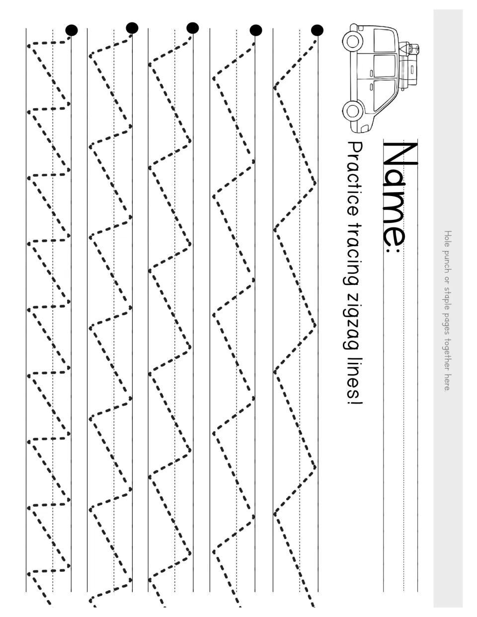 Zigzag strokes: students trace dotted zigzag lines from each start dot, practising sharp turns, with a van picture