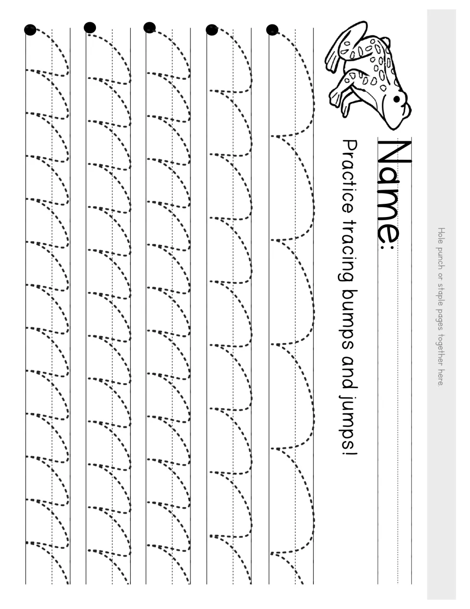 Bumps and jumps: students trace dotted hopping arcs from each start dot, with a frog picture by the name line