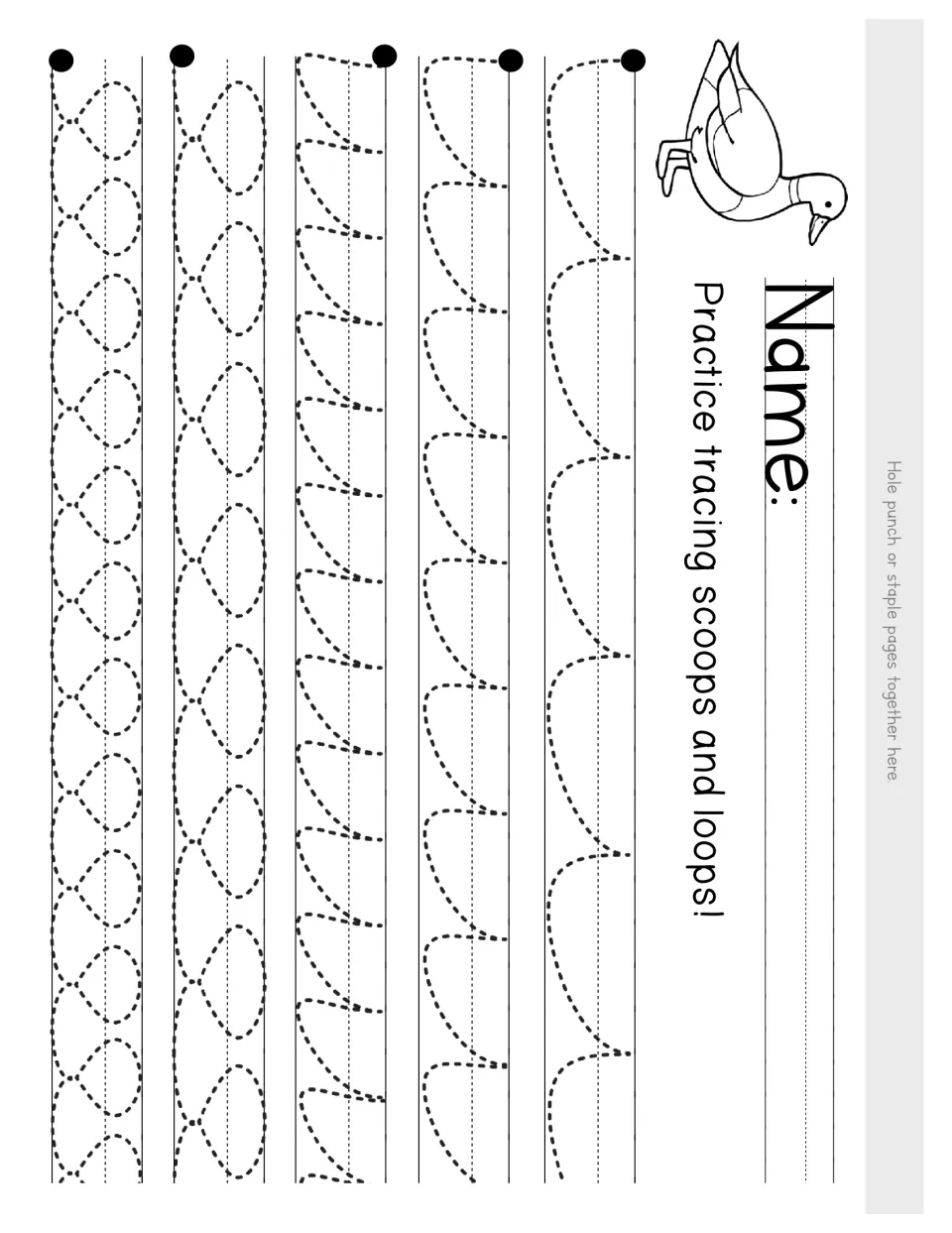 Scoops and loops: students trace dotted cup shapes and joined loops from each start dot, with a duck picture by the name