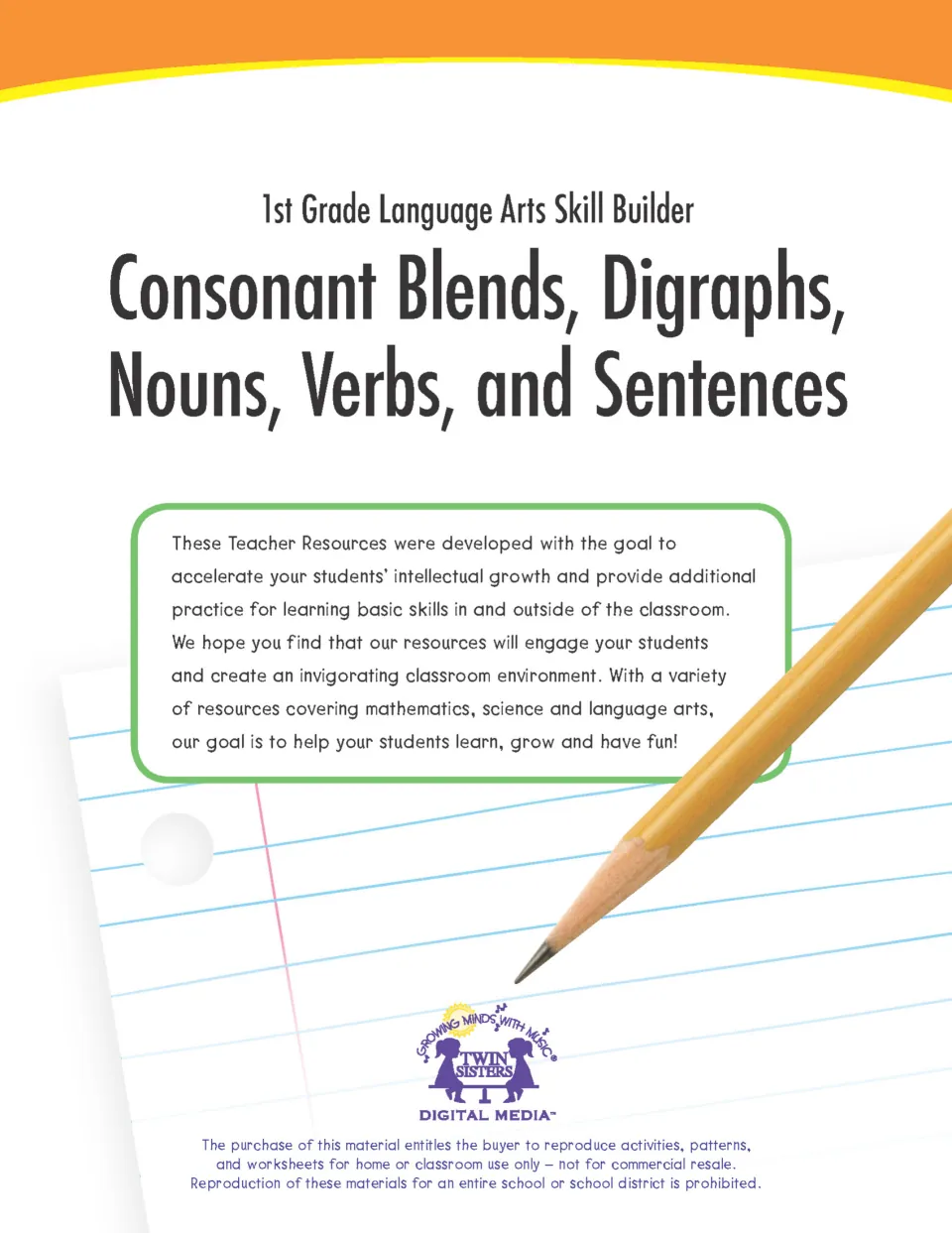Skill Builder cover: Consonant Blends, Digraphs, Nouns, Verbs, and Sentences, a Twin Sisters Digital Media workbook
