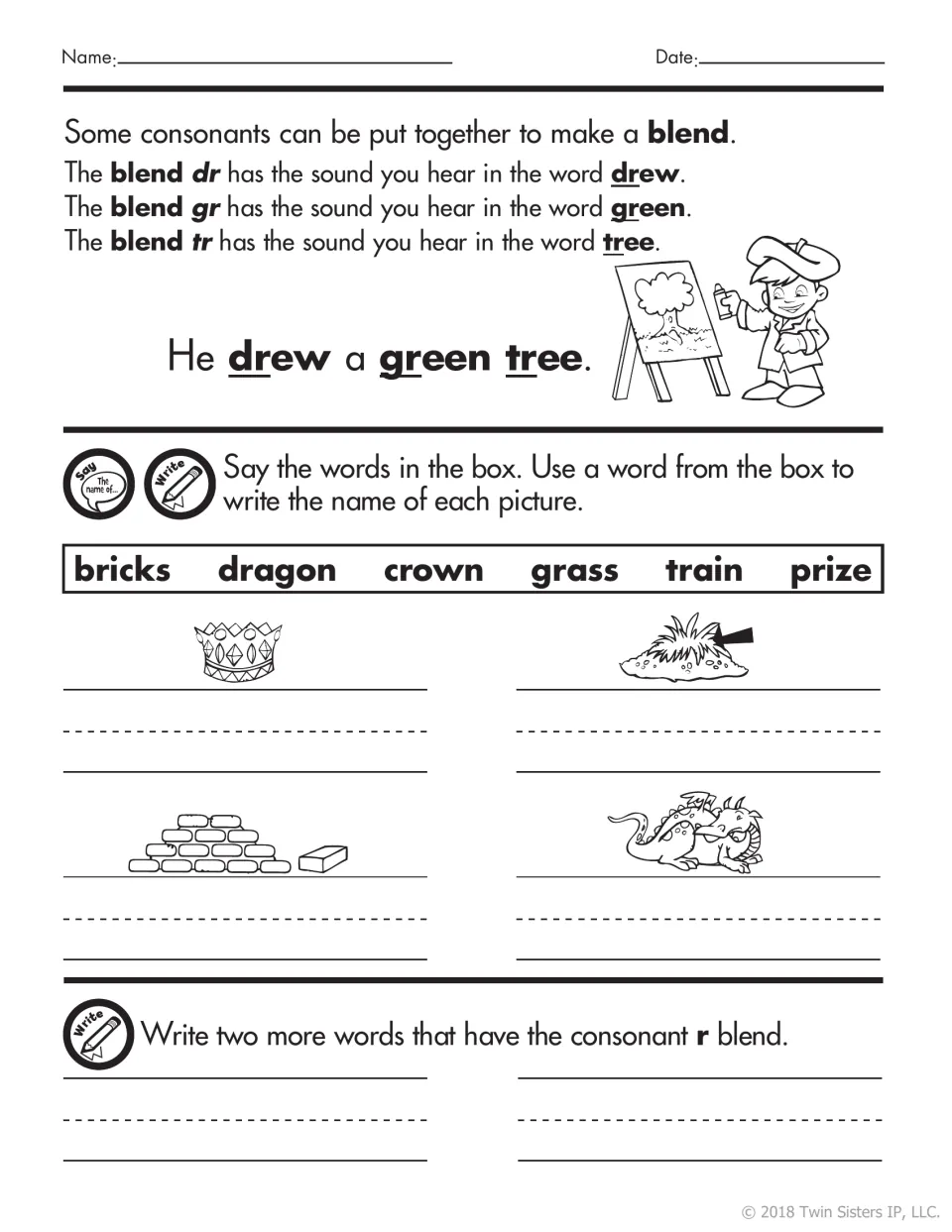 R blends dr, gr and tr: students use a word bank (bricks, dragon, crown, grass) to name pictures, then write two more