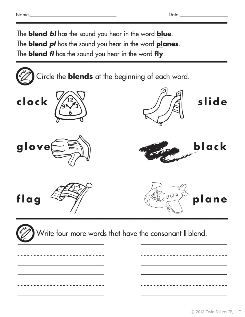 L blends bl, pl and fl: students circle the blend in clock, slide, glove, black, flag and plane, then write four more