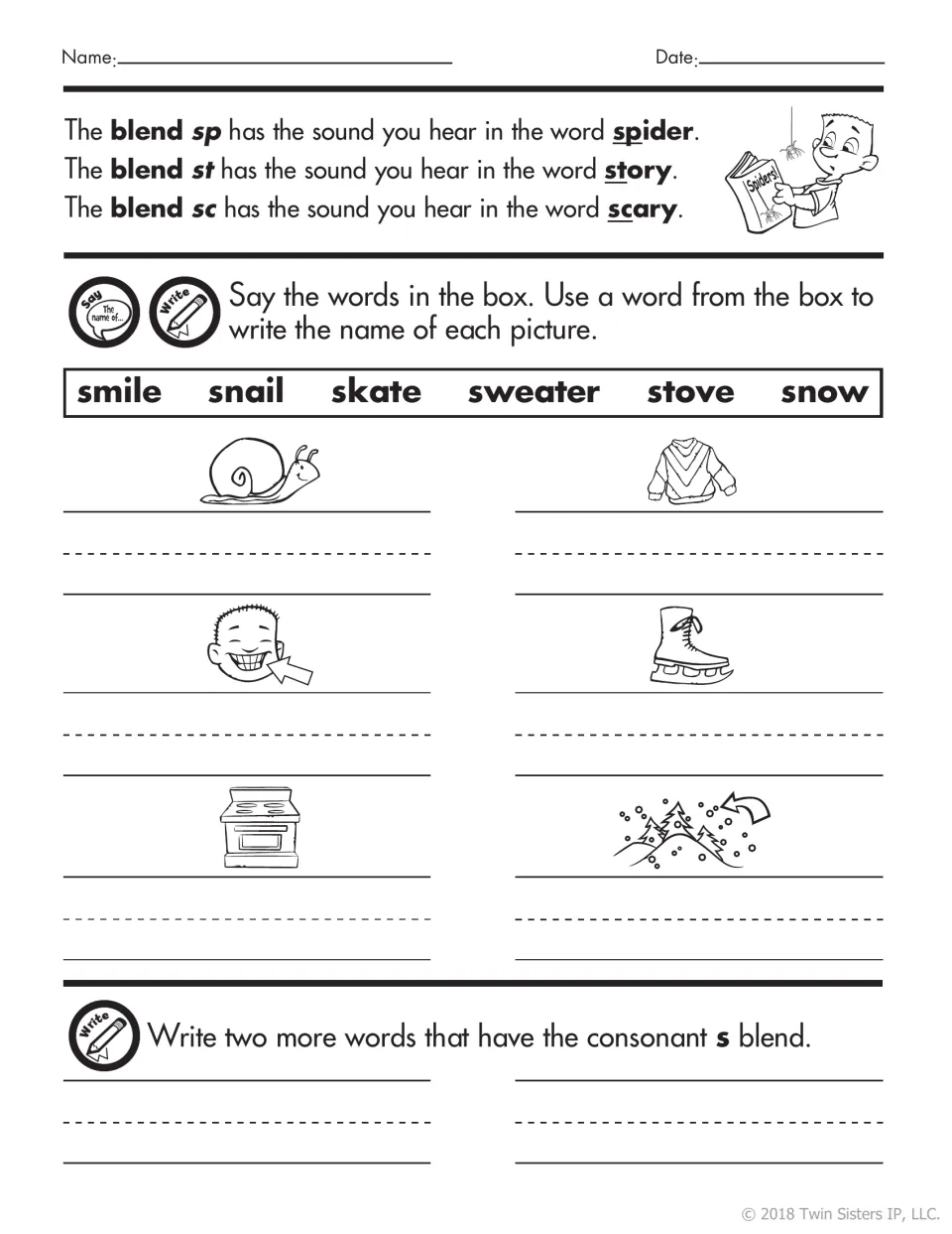 S blends sp, st and sc: students name snail, sweater, smile, skate, stove and snow from a word box, then add two words