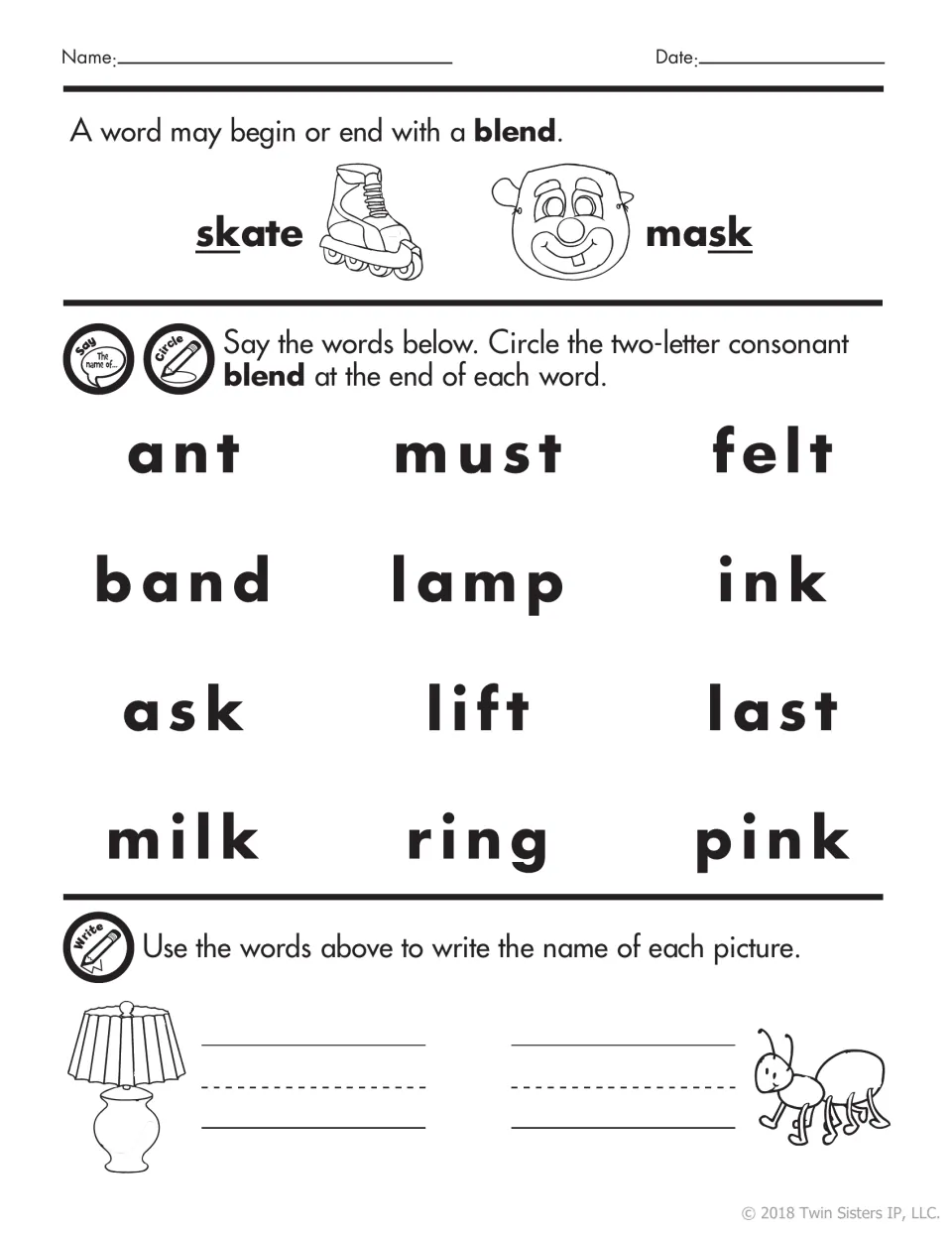 Ending blends: students circle the final blend in 12 words such as ant, must, lamp and milk, then label lamp and ant