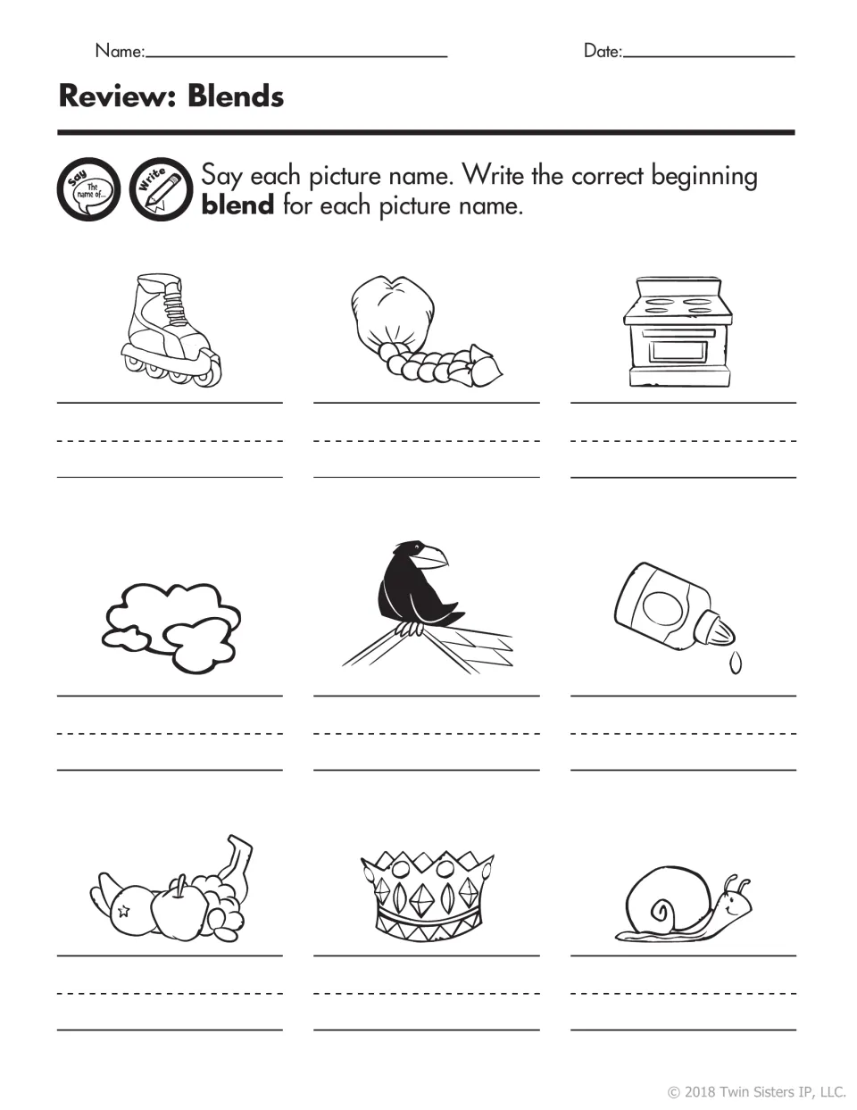 Review: Blends. Students name nine pictures, such as skate, stove, crow, glue and snail, and write each beginning blend