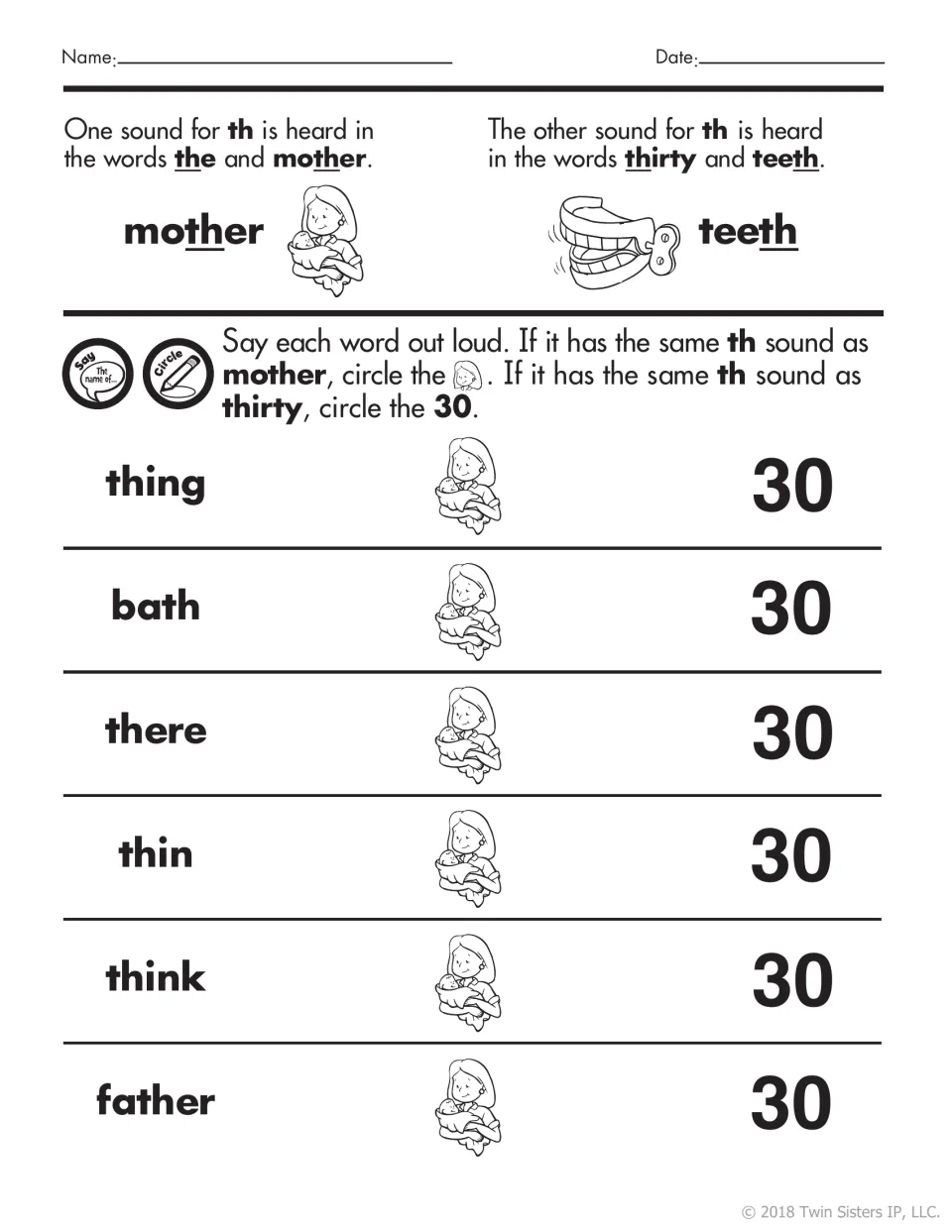 Two th sounds: students read thing, bath, there, thin, think and father, circling the mother picture or 30 for each