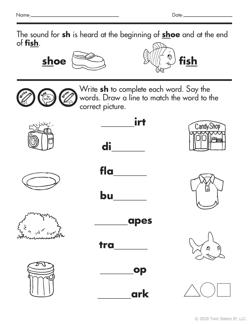 Digraph sh: students write sh to finish words like dish, brush, shirt and shark, then match each word to its picture
