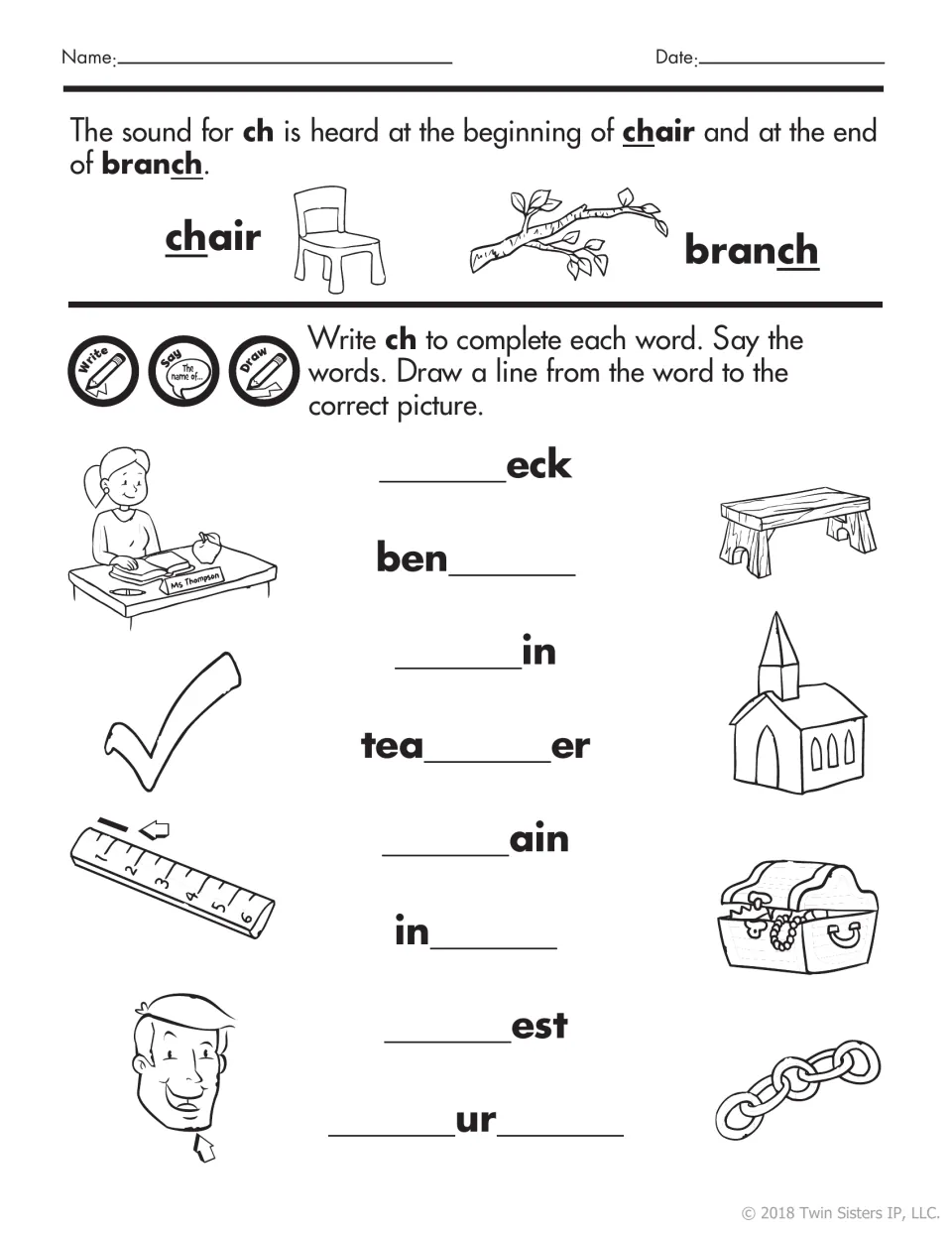 Digraph ch: students add ch to complete words like bench, teacher, chain and chest, then link each word to its picture