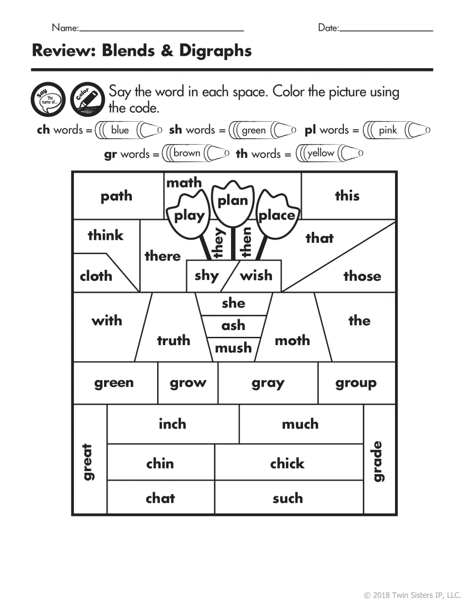 Review: Blends & Digraphs: students read ch, sh, pl, gr and th words in a picture and color each by its crayon code