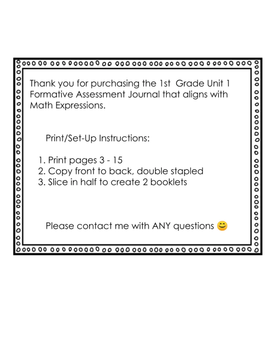 Journal setup instructions: print pages 3–15, copy front to back, double staple, and cut into two booklets