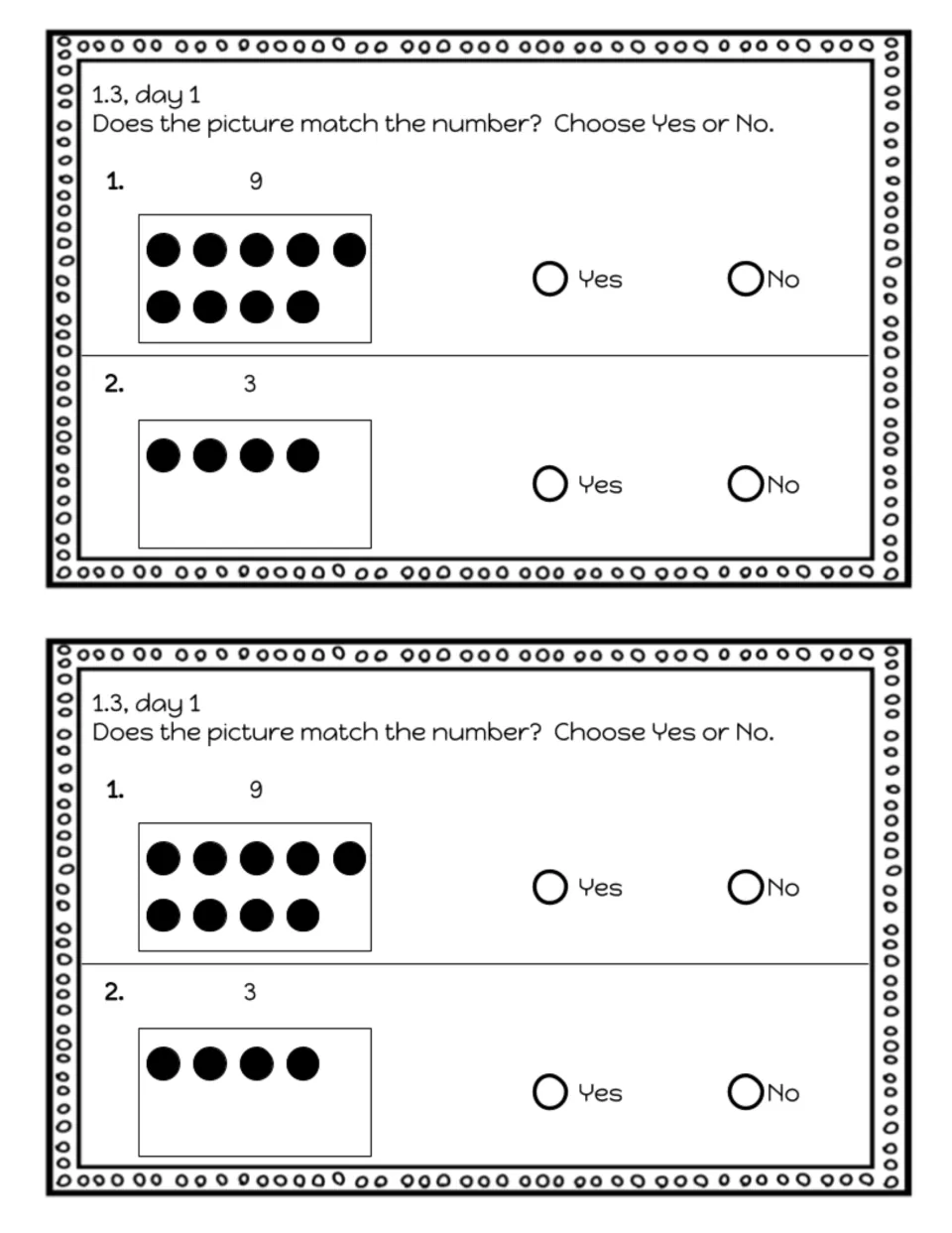 Lesson 1.3, day 1 exit slip: choose Yes or No to match dot pictures to the numbers 9 and 3, printed twice
