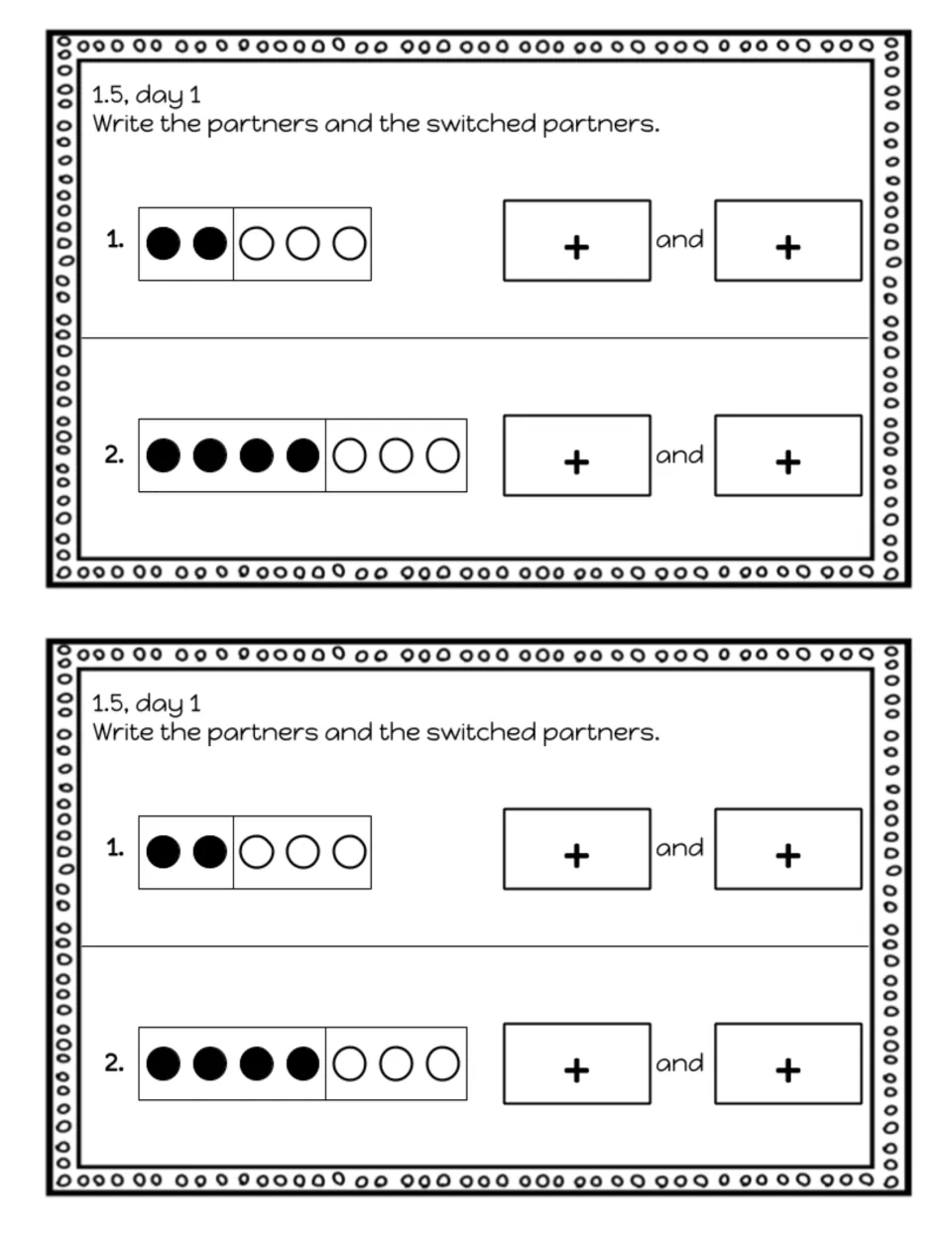 Lesson 1.5, day 1 exit slip: write partners and switched partners for dot groups of 2 and 3, and 4 and 3