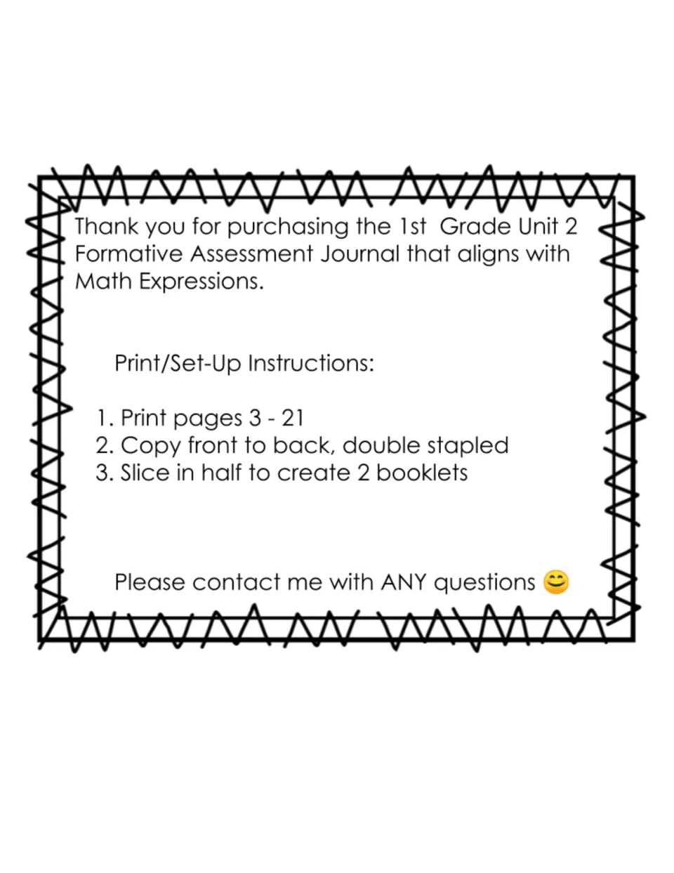 Thank-you note with print and set-up steps: print pages 3-21, copy front to back, double staple and slice into 2 booklets