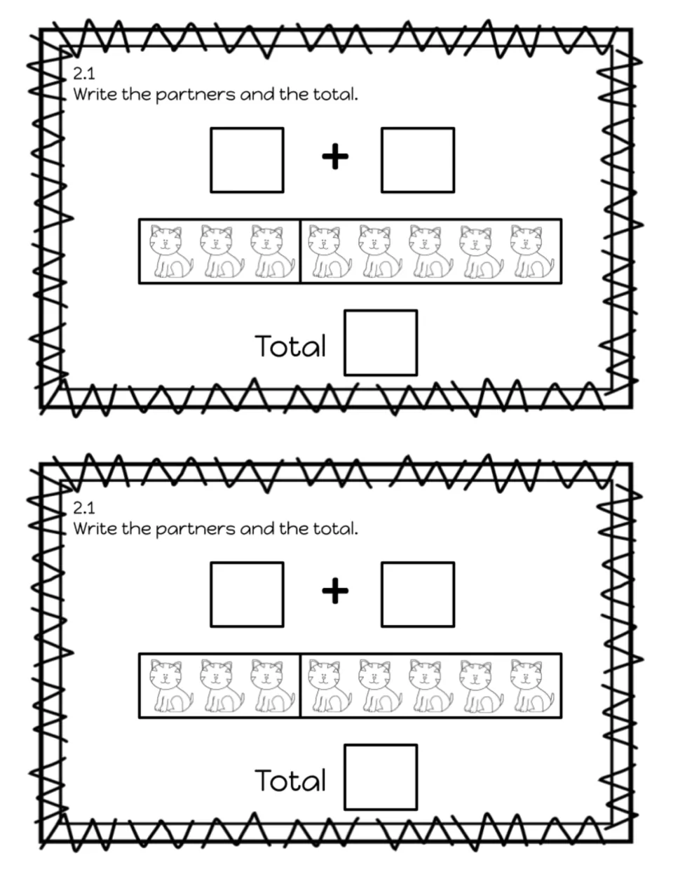 Exit slip 2.1, partners and totals: students write the two partners and the total for a group of 3 and 5 cats