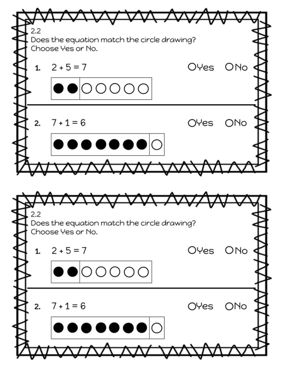 Exit slip 2.2, matching equations to circle drawings: students choose Yes or No for 2 + 5 = 7 and 7 + 1 = 6