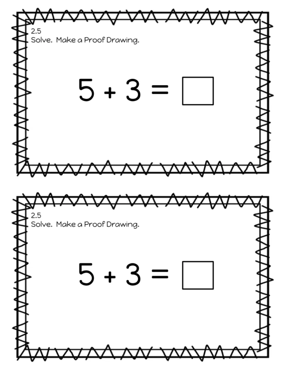 Exit slip 2.5, addition with proof drawings: students solve 5 + 3 and make a proof drawing to show the answer