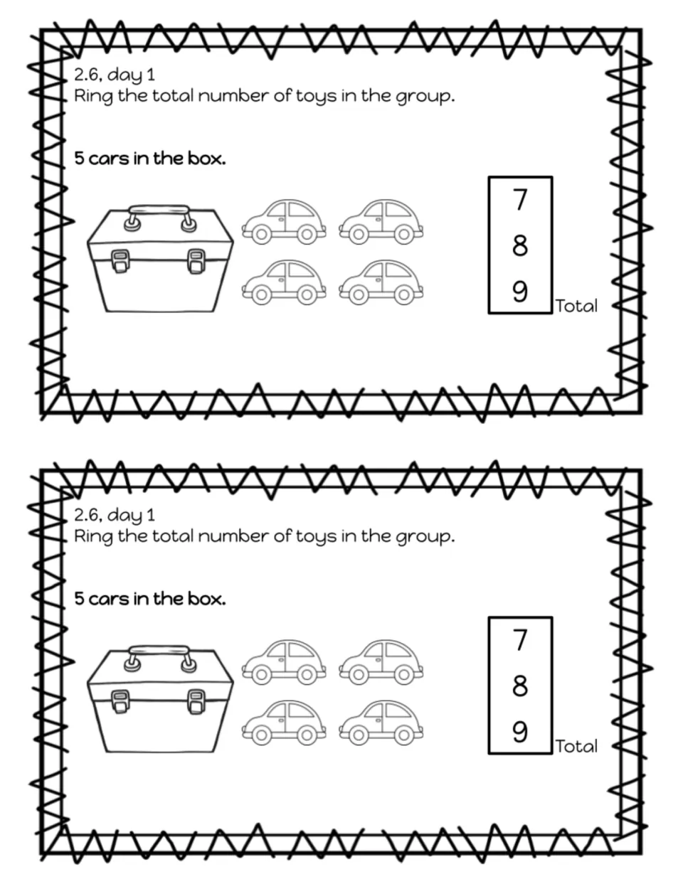 Exit slip 2.6 day 1, totals: 5 cars in a toy box plus 4 more; students ring the total from 7, 8 or 9