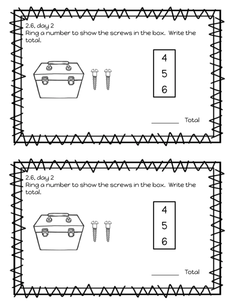 Exit slip 2.6 day 2, toolbox and 2 screws: students ring 4, 5 or 6 to show the screws in the box, then write the total