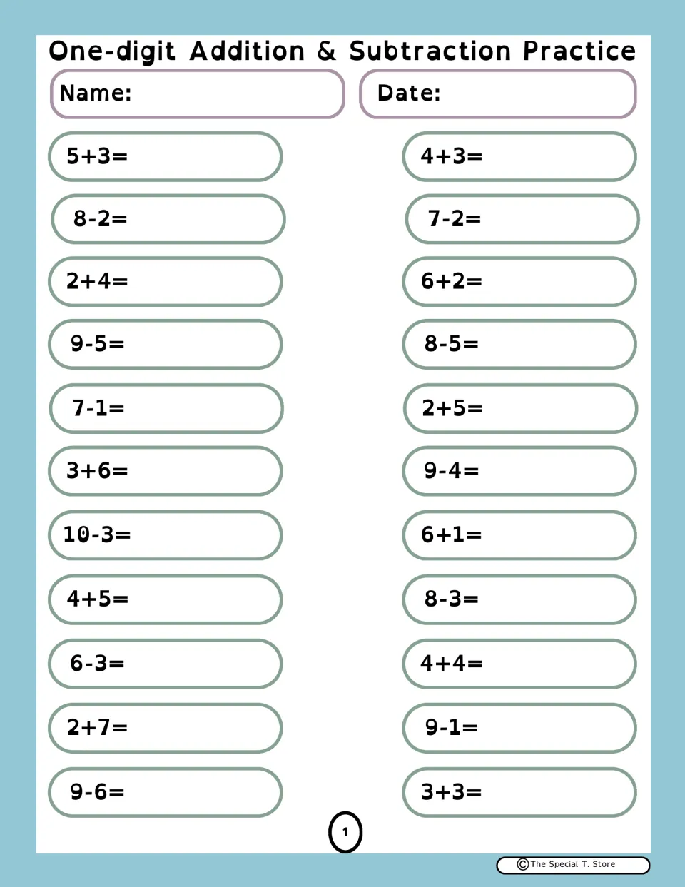 One-digit addition and subtraction practice: students solve 22 facts such as 5+3, 8-2 and 10-3, writing each answer