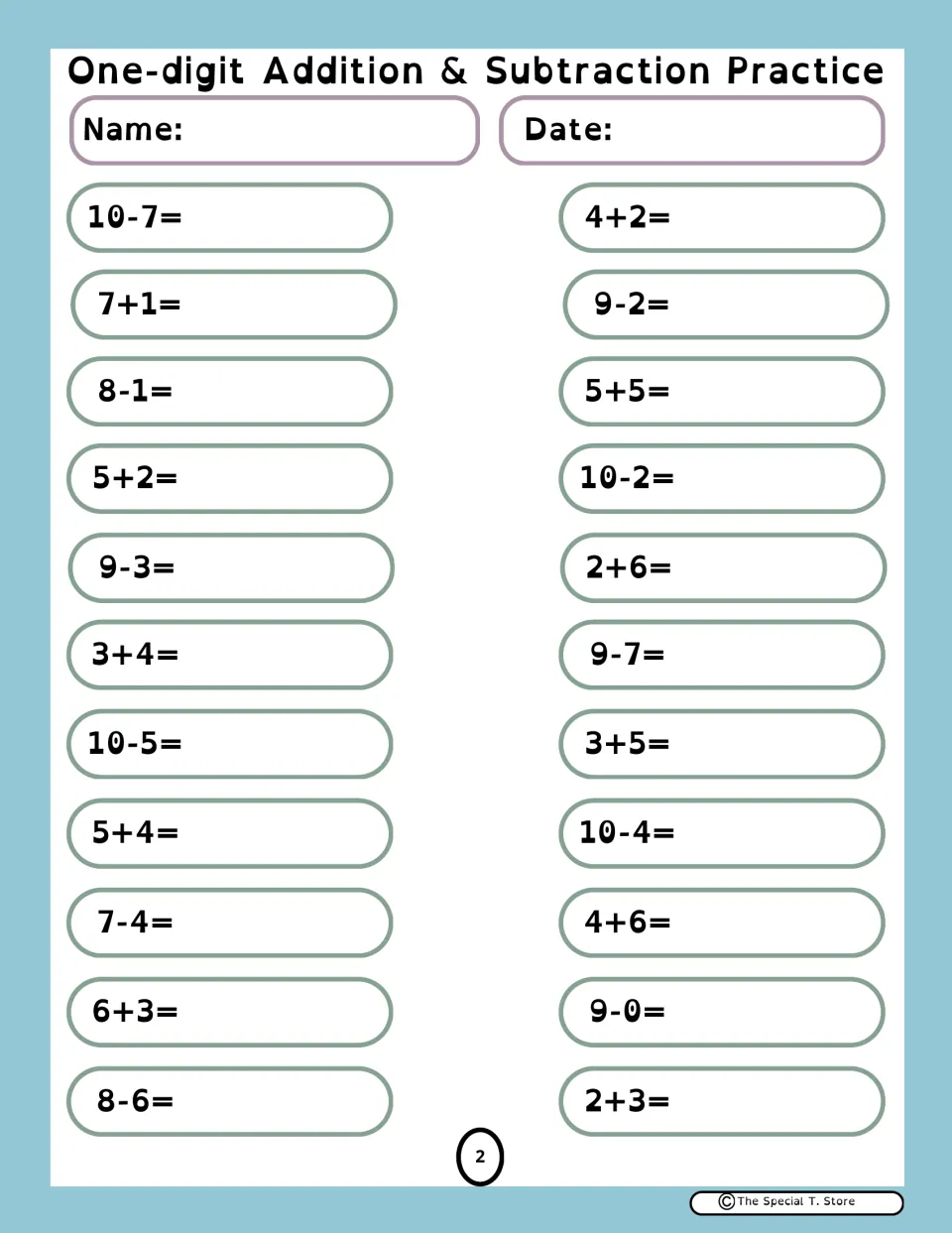 One-digit addition and subtraction, set 2: students answer 22 more facts including 10-7, 5+5 and 9-0